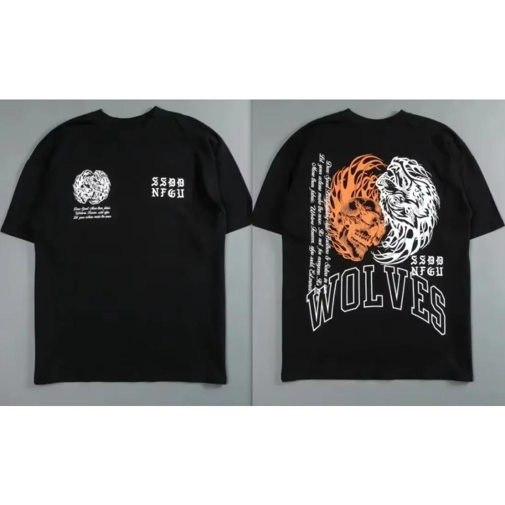 Darc Wolf Head Смешной принт Тренировка Тренажерный зал Фитнес 100% хлопок Мужская футболка с коротким рукавом Повседневная футболка Модные спортивные свободные топы Y2k