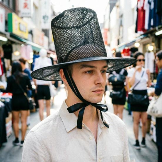 Light Burden-free Hat Vintage Korean Gat Hat, Black Mesh Wide Brim Joseon Dynasty Crisp Fabric Scholar with Neck Strap, Halloween Cosplay