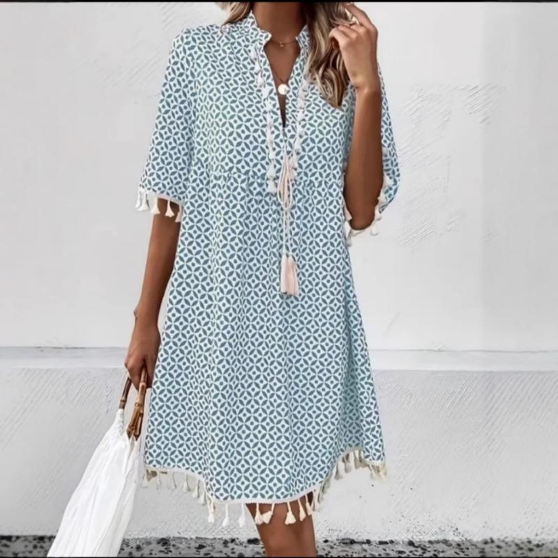 Women's Summer New Printed V Neck Fringe Five Quarter Sleeve Dress