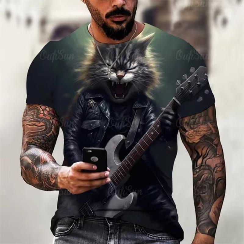 Trend Rock Guitar Cat Graphics T Shirts Summer Fashion Short Sleeve Cool 3D Animals Printed Mens T-shirts Casual Streetwear Tees