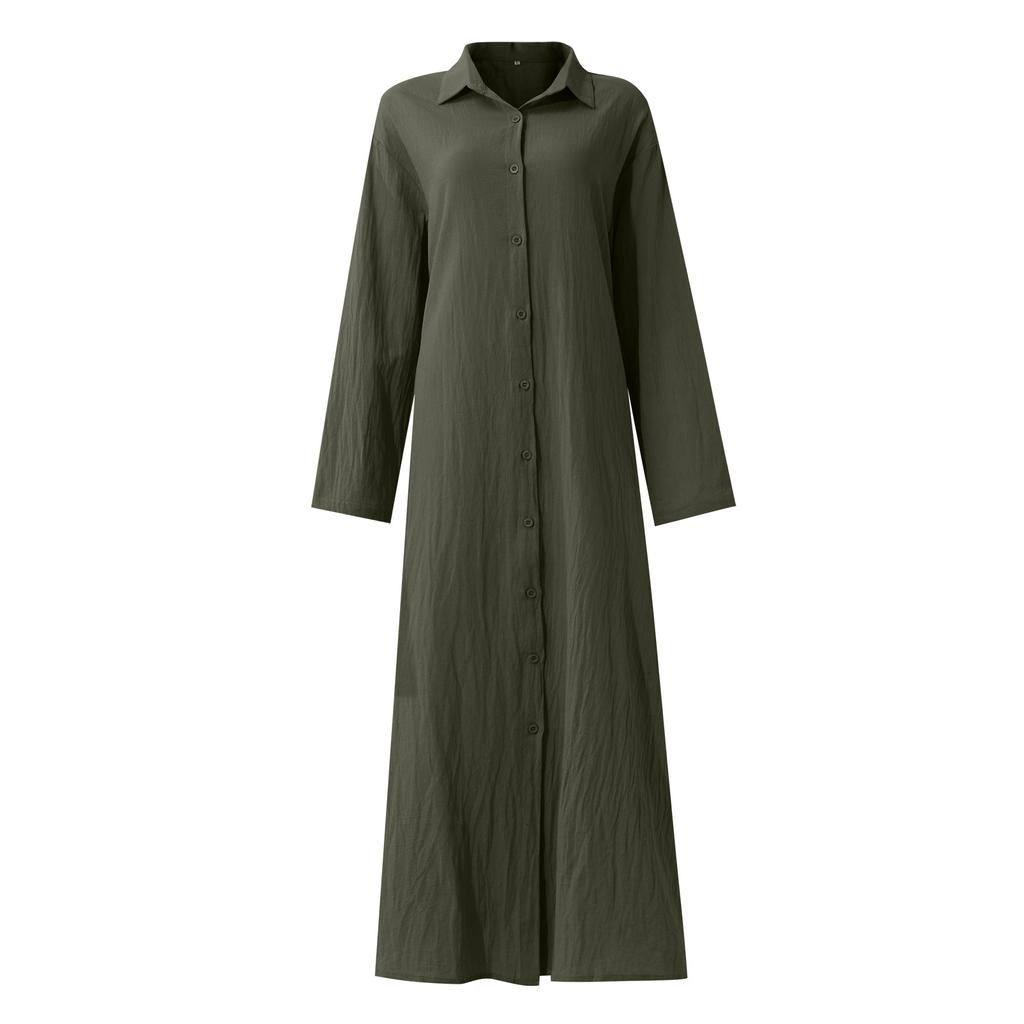 Женское повседневное хлопково-льняное однотонное свободное длинное платье-рубашка