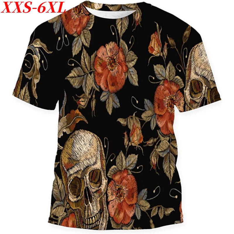 Футболка размера XXS-6XL Plus, мужская футболка с рисунком черепа и розы в стиле ретро, летняя мода, повседневные футболки с коротким рукавом, топы с 3D-принтом