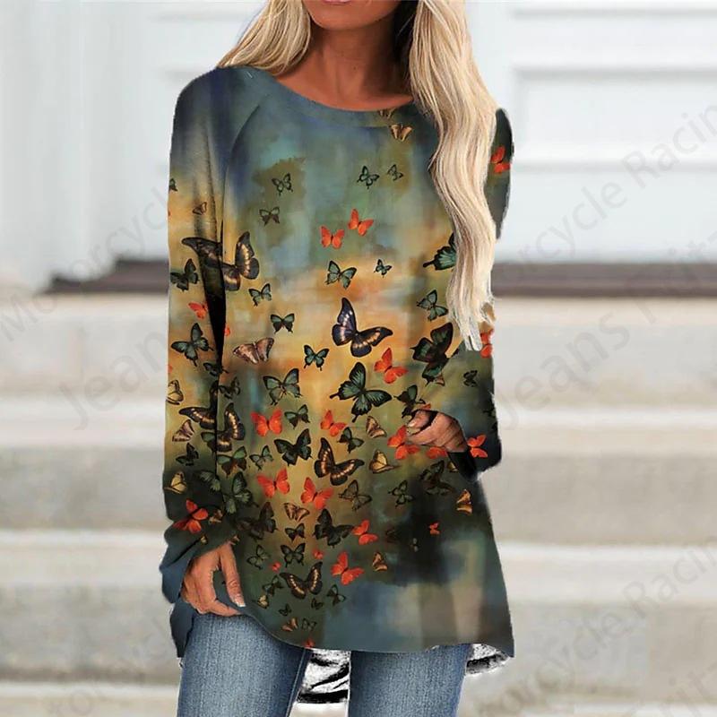Футболка с длинным рукавом и принтом бабочки 3D, женская мода, длинная туника с круглым вырезом, женская осенняя одежда с изображением животных, женские топы в стиле Y2k