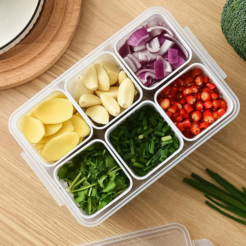 Food Vegetable Refrigerator Storage Box 4/6 Grid Fruit Storage Box Fridge Organizer Drain Basket Meat Onion Ginger Clear