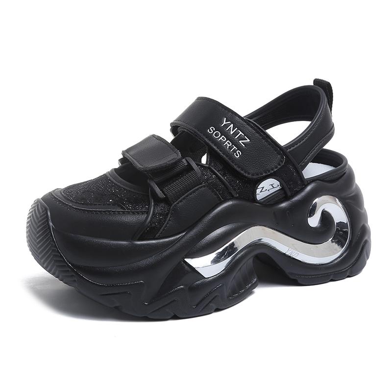 Модные 8-сантиметровые дышащие полые кожаные женские сандалии, вулканизированные сетчатые туфли-гладиаторы на массивной платформе, на высоком каблуке, повседневные летние кроссовки