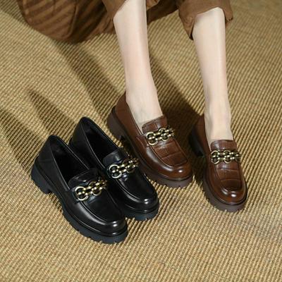 Мода / Осень Женская обувь Туфли на платформе Женские туфли на толстом каблуке с круглым носком Женские мокасины Кожаные туфли Клетчатые металлические туфли