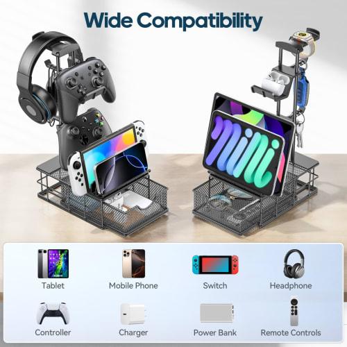 KDD Controller Stand with Drawer, Headphone Stand with Cable Holder, Game Controller Storage, Non-Slip Headphone Hanger, Stable and Durable Stand, Hea