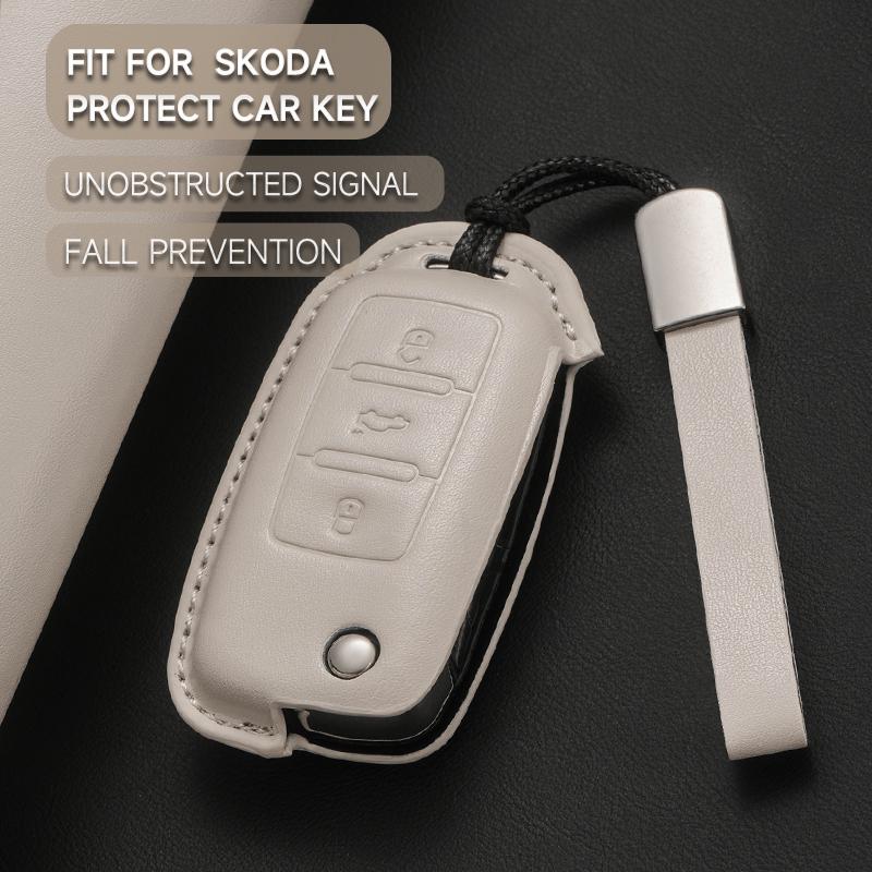 KTDJ9 Leather Car Key Cover Case Protection Shell Keychain For Skoda Octavia A5 kodiaq Fabia Scala Karoq Superb Kamiq Rapid Yeti