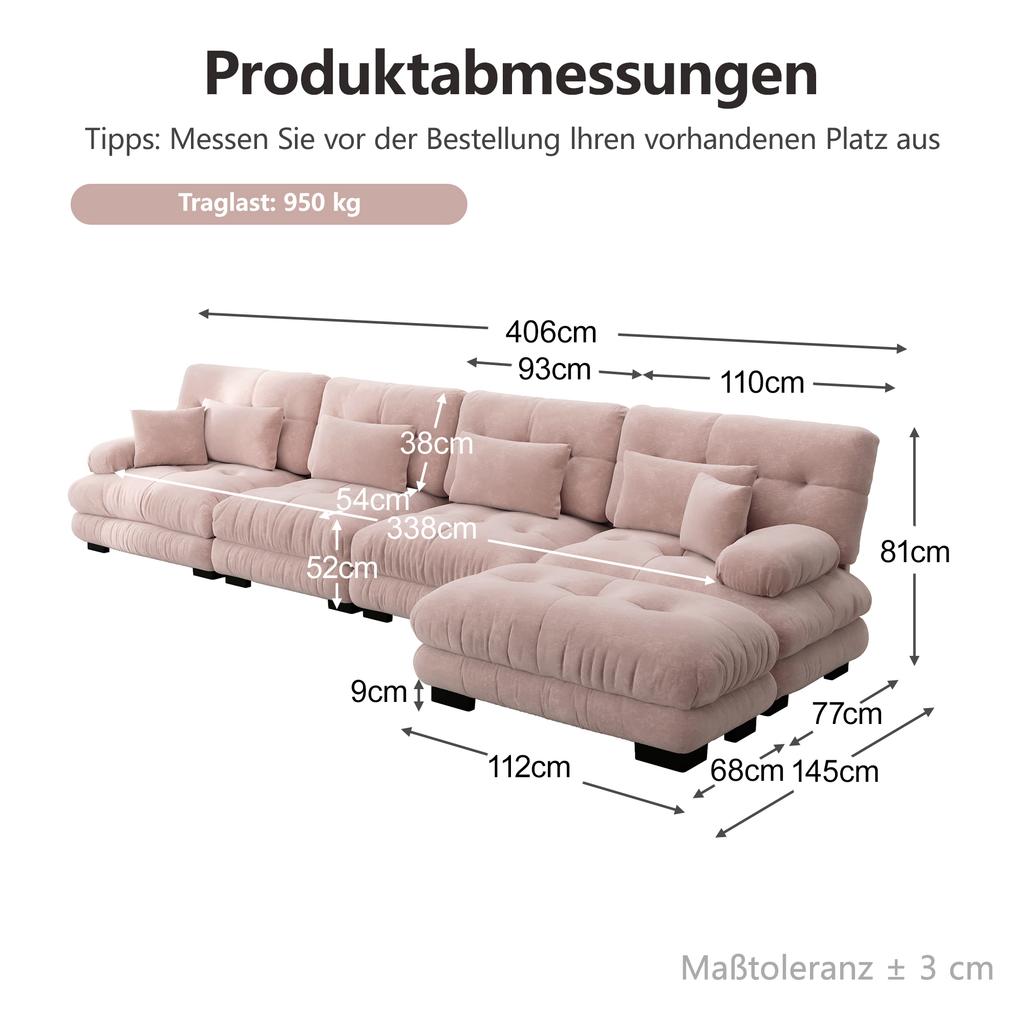 Modular Corner Sofa, L-Shaped Couch Set for Living Room, 4-Seater Comfortable Cloud Couches with Movable Ottoman, DIY Combination, Chenille, Pink