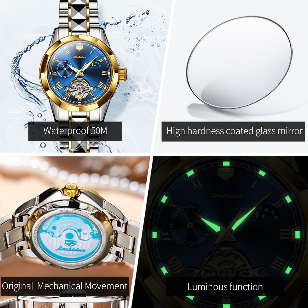 JSDUN 8937 Woman Watch 50M Waterproof Mechanical Watch For Women Hollow Skeleton Moon Phase Roman Scale Elegant Ladies Watches