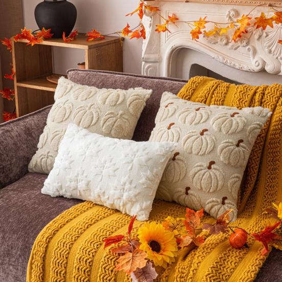 Decorative Pillow Case Embroidery Maple Leaves Pumpkin Pattern Pillow Cover Removable Easy To Clean Washable Throw Pillow Case