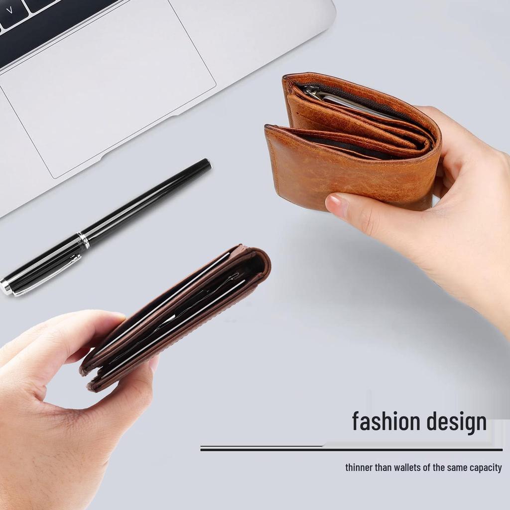 Crazy Horse Leather Men's RFID Wallet with AirTag Holder, Money Clip, Multi-Card Slots, and Anti-Theft Protection.