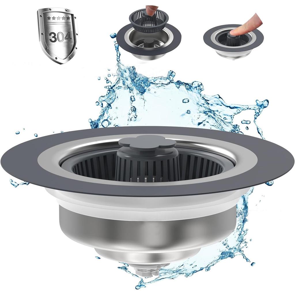 Kitchen Sink Strainer For 3-1/2-inch Drainage Pipes, 304 Stainless Steel Pop Up Sink Stopper, 3 Layers Rubber Rings Anti-Clogging Basket Straine