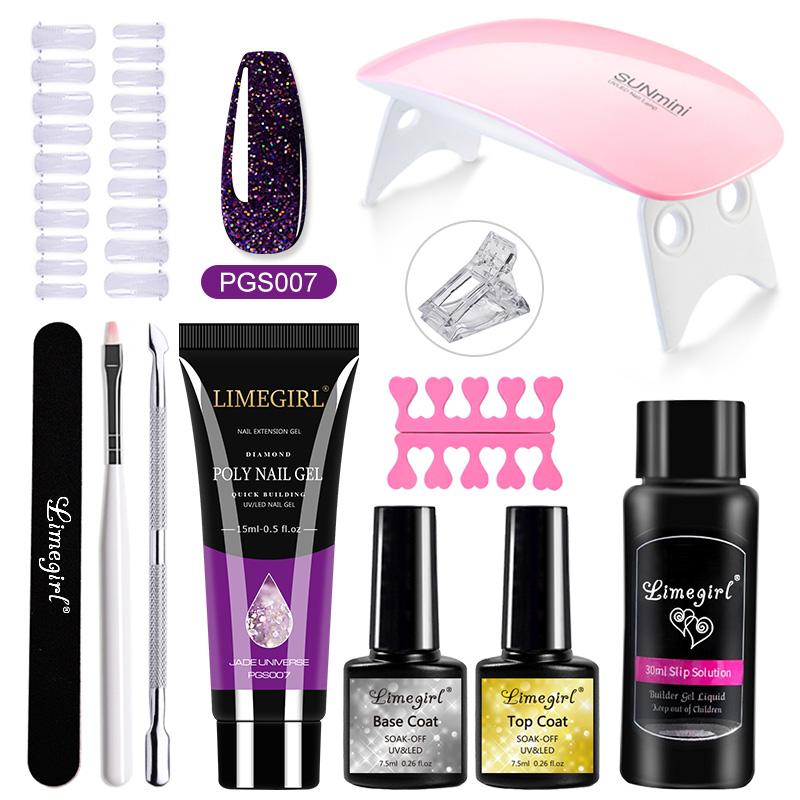 Набор полигелей для ногтей Limegirl Поли УФ-гель Прозрачный/Розовый акрил Быстро наращиваемый наращивание пальцев Набор инструментов для ногтей с отмачиваемым УФ-гелем-лаком