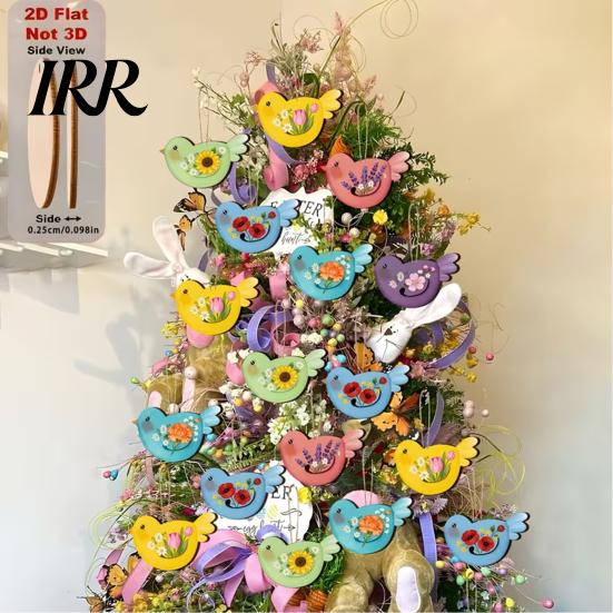 Hemp Rope Hanging Ornament Easter Wooden Decoration, 2D Flat Flowers Bird Ornaments, Decoration Spring Tree Pendant for Holiday Home Party Decor