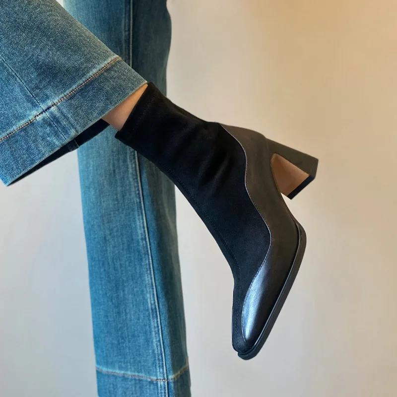 Fashion 2024 Hot Sale Shoes Female Mid-Calf Women's Boots Concise Modern Boots Women Sewing Square Toe Med Heel Slip On Shoes Women
