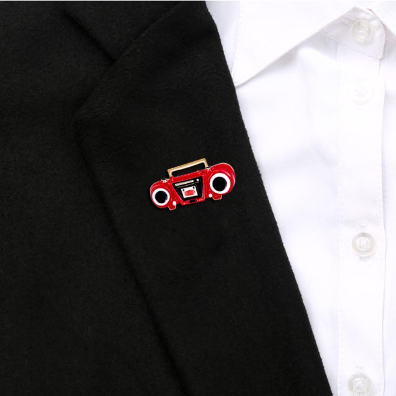 Blucome Enamel Red Radio Repeater Shape Brooch Pins Gold Color Vintage Home Appliances Brooches Hat Accessories Kids Gifts