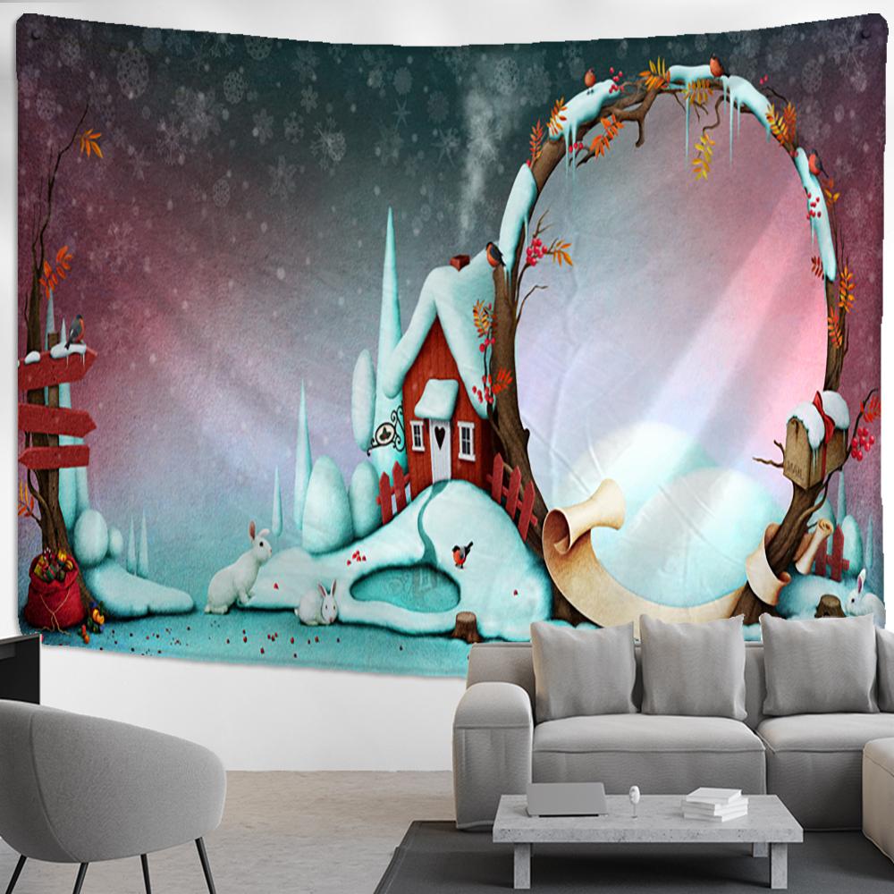 Christmas Tapestry Wall Hanging Winter Night Snowflake Elk Santa Claus Hanging Fireplace Blanket Gift Home Wall Decorations