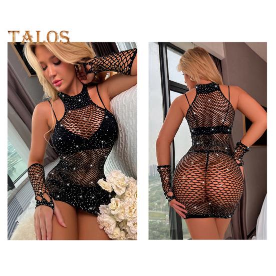 Women Nightdress Gloves Set See Through Hollow Out Fishnet Lace Shiny Rhinestone Decor Sheath Skinny Backless Bedroom Honeymoon Sleepwear