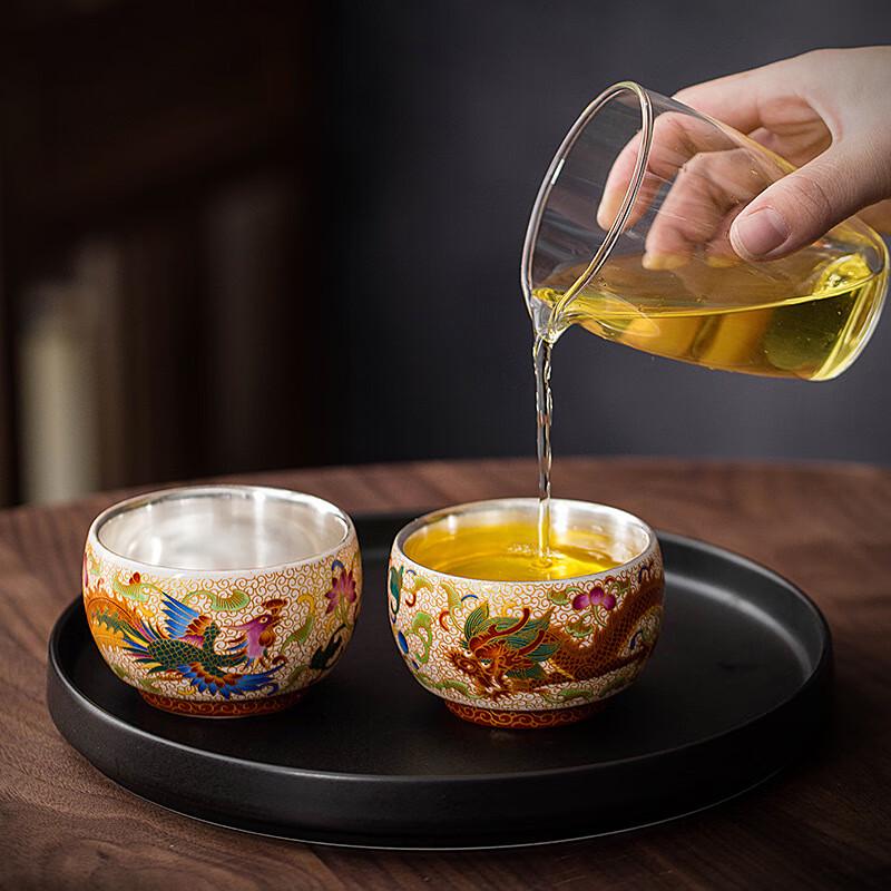 Chaxun Silver Gilded Ceramic Teacup with Gold Filigree Phoenix