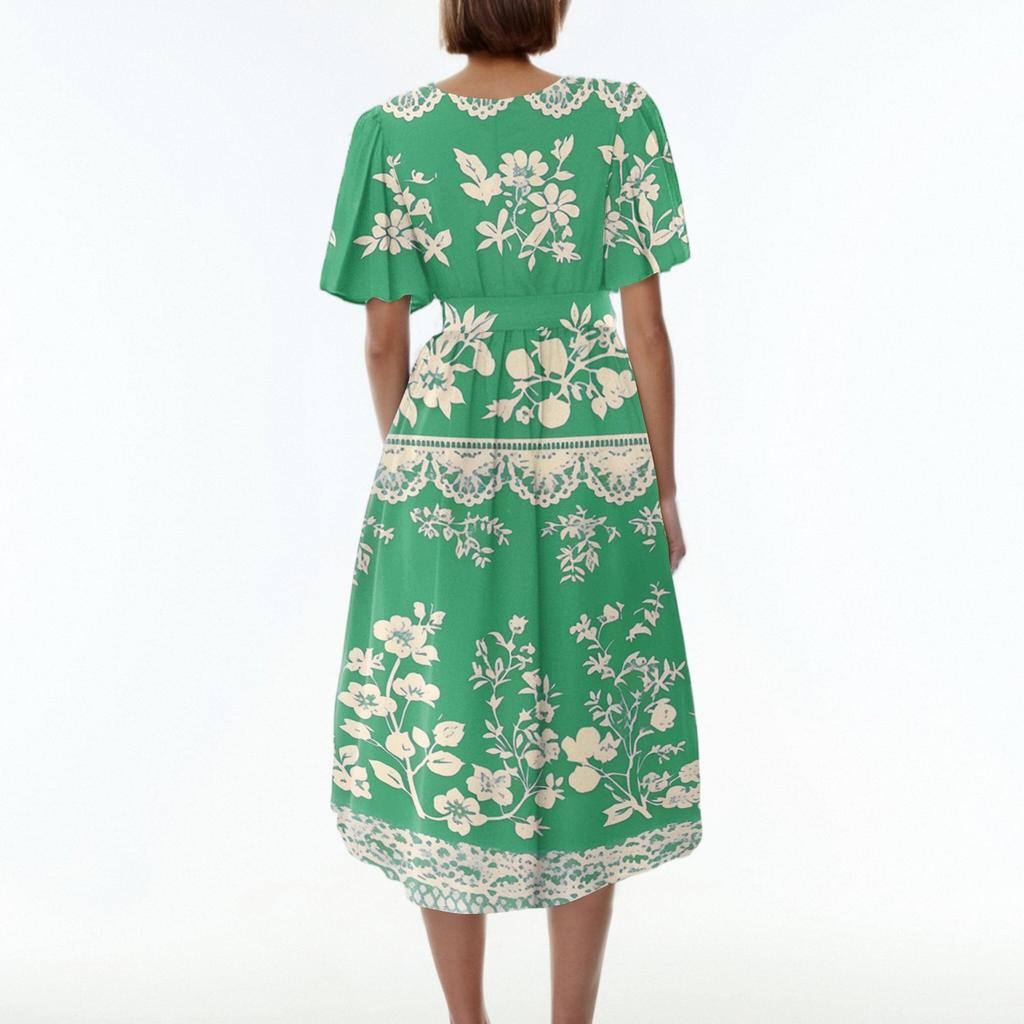 Women's Loose Casual V-Neck Flared Skirt Short Sleeved Printed Dress Printed Dress