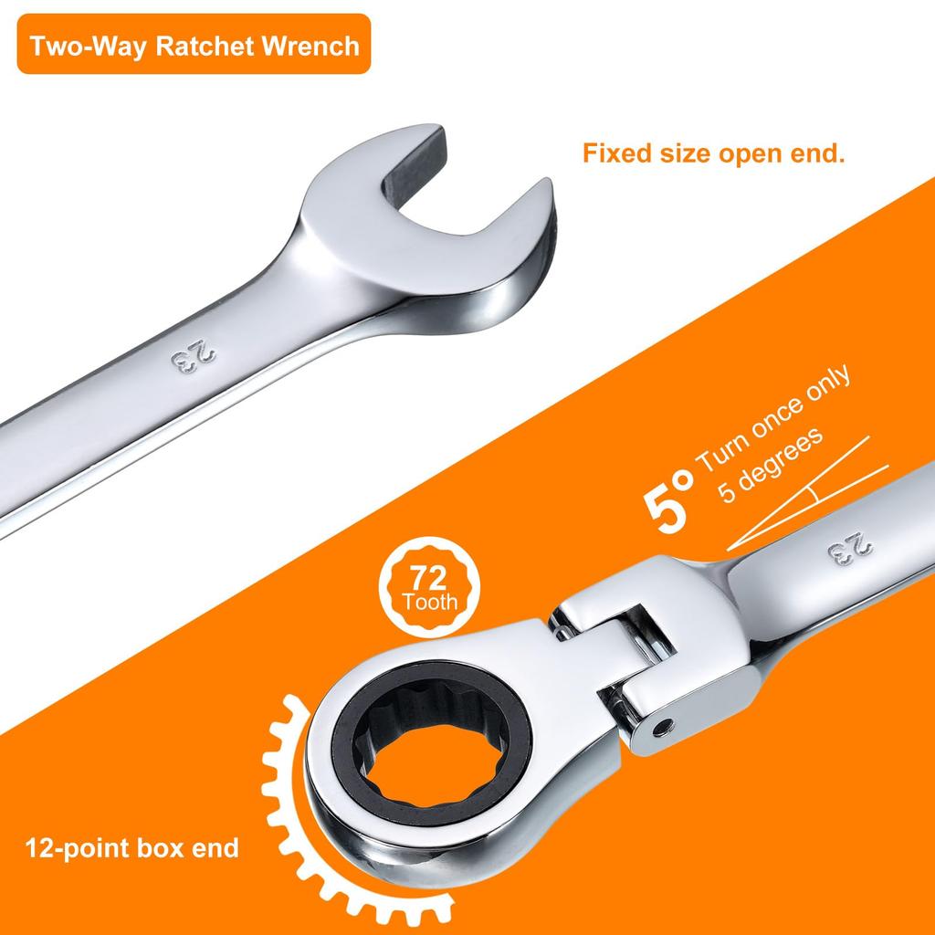 Uxcell Flex Head Ratchet Rotating Metric Ratchet Combination 72 Chrome Vanadium for and Bolts 3-Piece Wrench, 23/24/27mm, 180° Head, Wrench, Teeth,