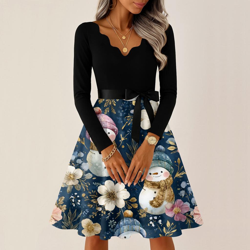 Женское повседневное модное платье с V-образным вырезом и длинными рукавами в стиле ретро с рождественским принтом