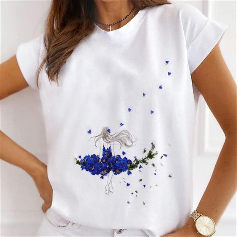 Summer Floral Girl Printed Base Shirt Cute Cartoon Round Neck Plus Size Pure Cotton Short Sleeved Top T-Shirts Women’s