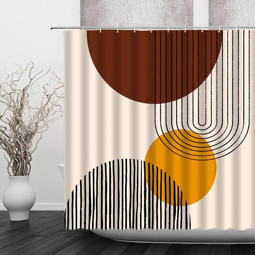 Abstract Mid Century Shower Curtains Boho Arch Sun Beige Modern Minimalistic Home Bathtub Bathroom Curtain Fabric Decoration Set