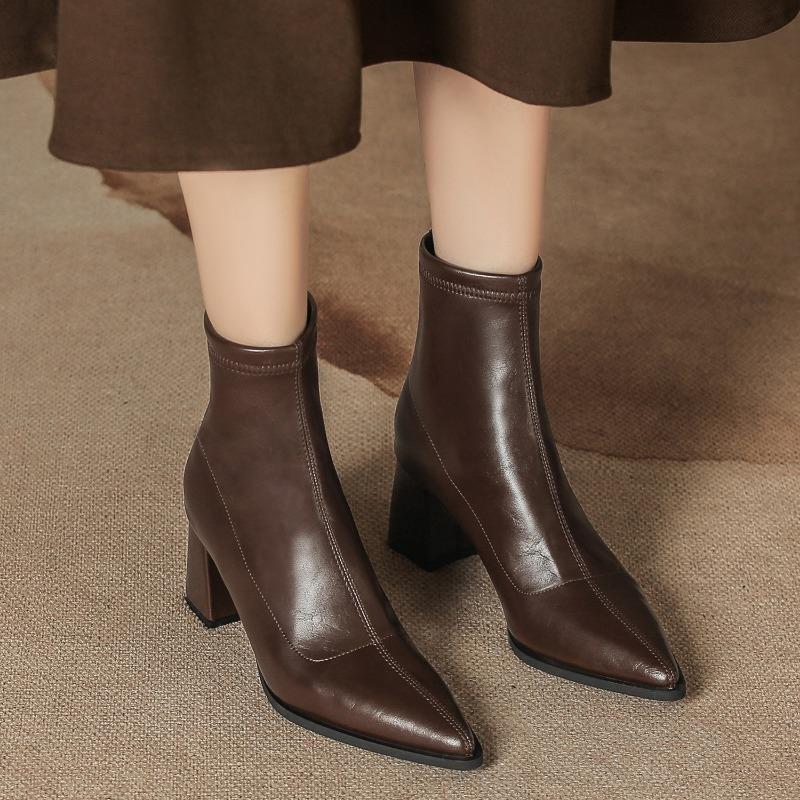 Осень и зима толстый каблук одинарные сапоги средней длины тонкие сапоги женские тонкая задняя молния черные с острым носком низкие сапоги из кожи высокий каблук женские