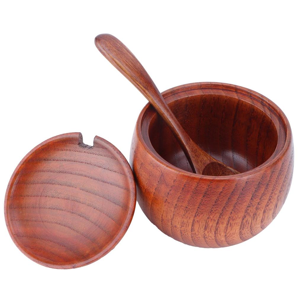Wooden Salt Box with Lid Spoon Vintage Spice Jar Seasoning Container Cooking Utensil