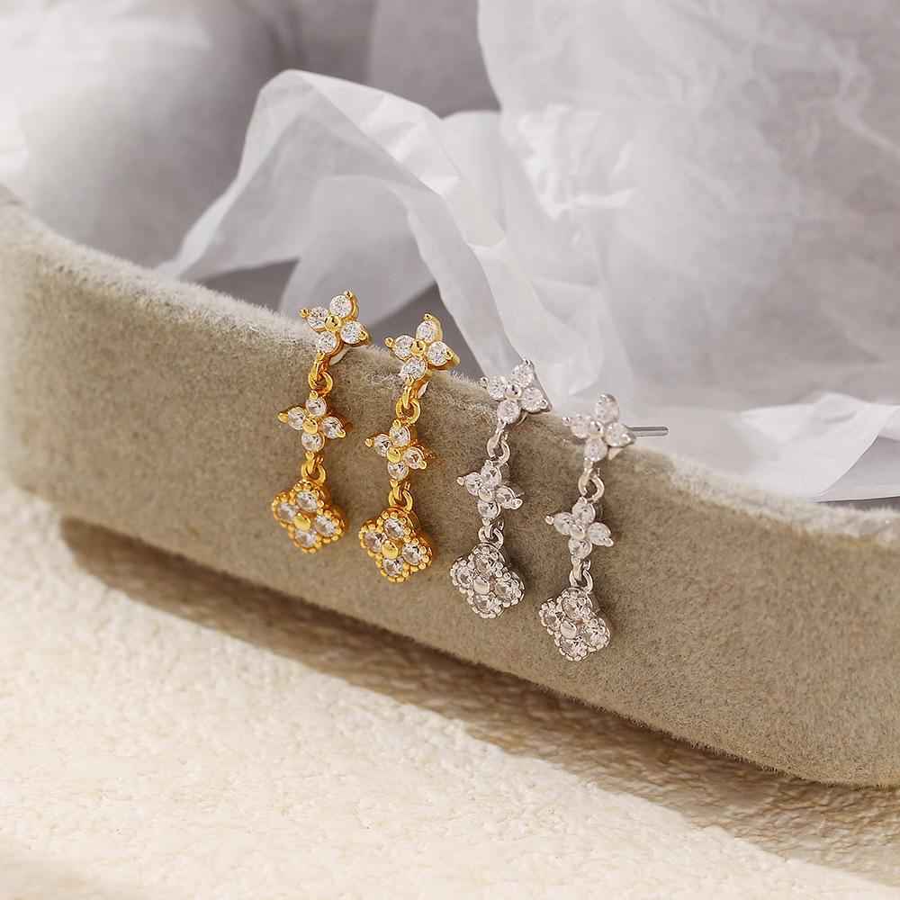 NEW Fashion Jewelry 925 Sterling Silver Flower Pattern Long Tassel Chain Small Zircon Gold Plated Stud Earring Jewelry for Women