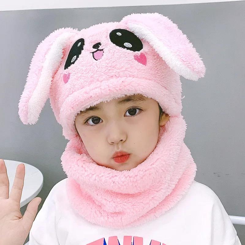 1-12Y Winter Cartoon Rabbit Coral Velvet Cap Plush Balaclava Kids Caps Double Fleece Baby Scarf Hat Baby Accessories