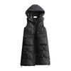 Womens Oversized Longline Puffer Vest With Hood Winter Warm Sleeveless Coat In Black White Blue Mist Champagne