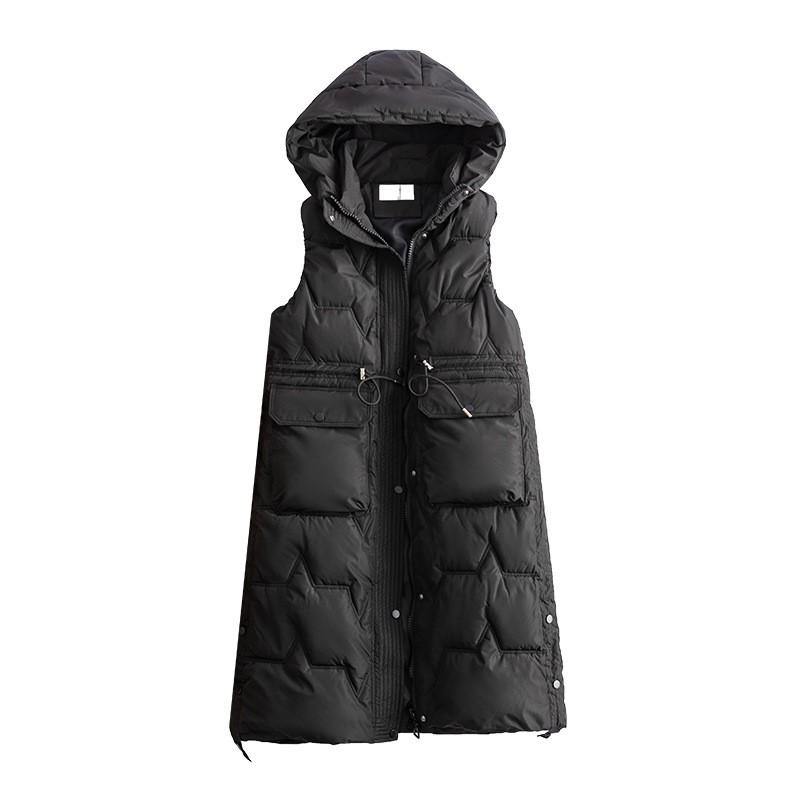 Womens Oversized Longline Puffer Vest With Hood Winter Warm Sleeveless Coat In Black White Blue Mist Champagne