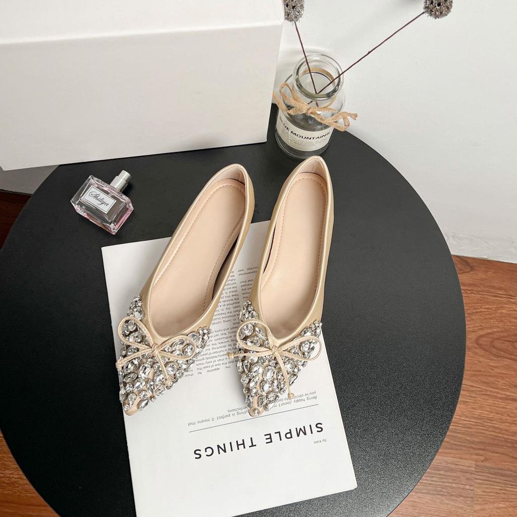 Autumn New Inner Heightening Shoes Women's Pointed Head Temperament Satin Bow Ladyshoes Rhinestone Shallow Mouth Flat Sole Shoes