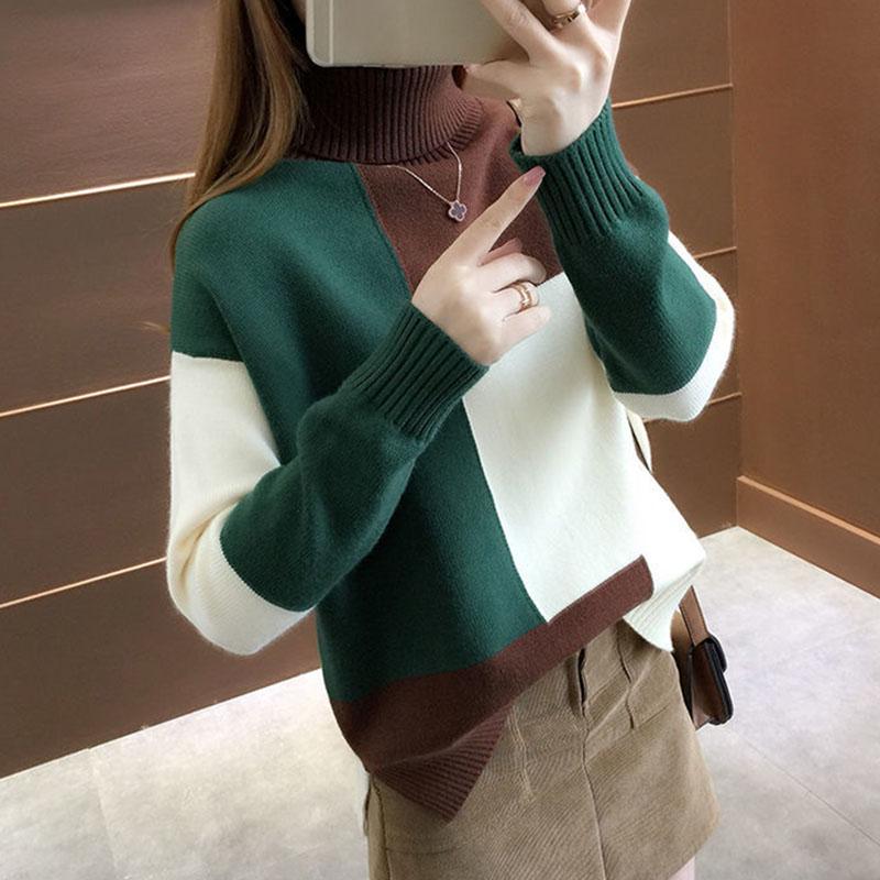 Женский вязаный пуловер, свитер, осень-зима, теплая водолазка, вязаная одежда, пуловер с цветными блоками, свободный повседневный пригородный пуловер
