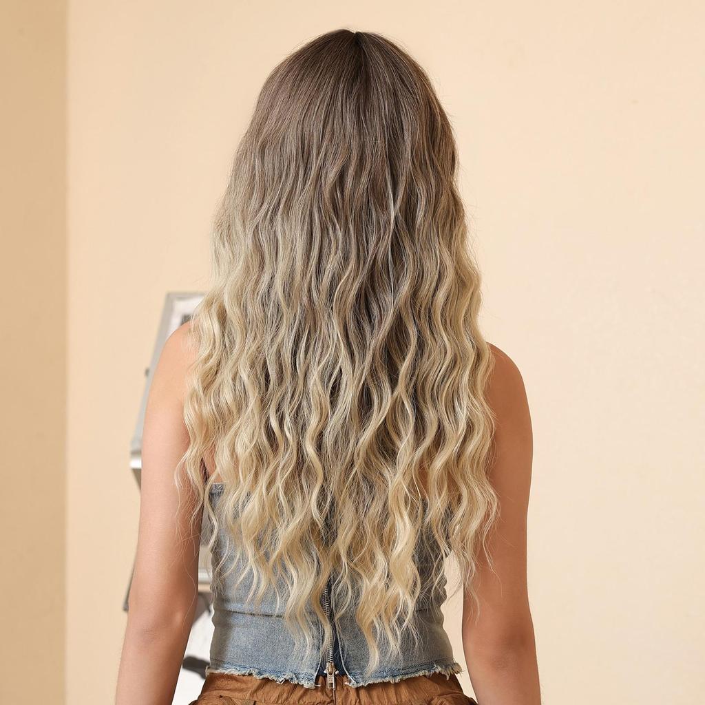 LOUIS FERRE Серо-коричневый Ombre Блондинка Волнистые парики Длинный вьющийся парик с натуральной волной для женщин Накладные волосы с челкой Ежедневный парик из волокна для косплея