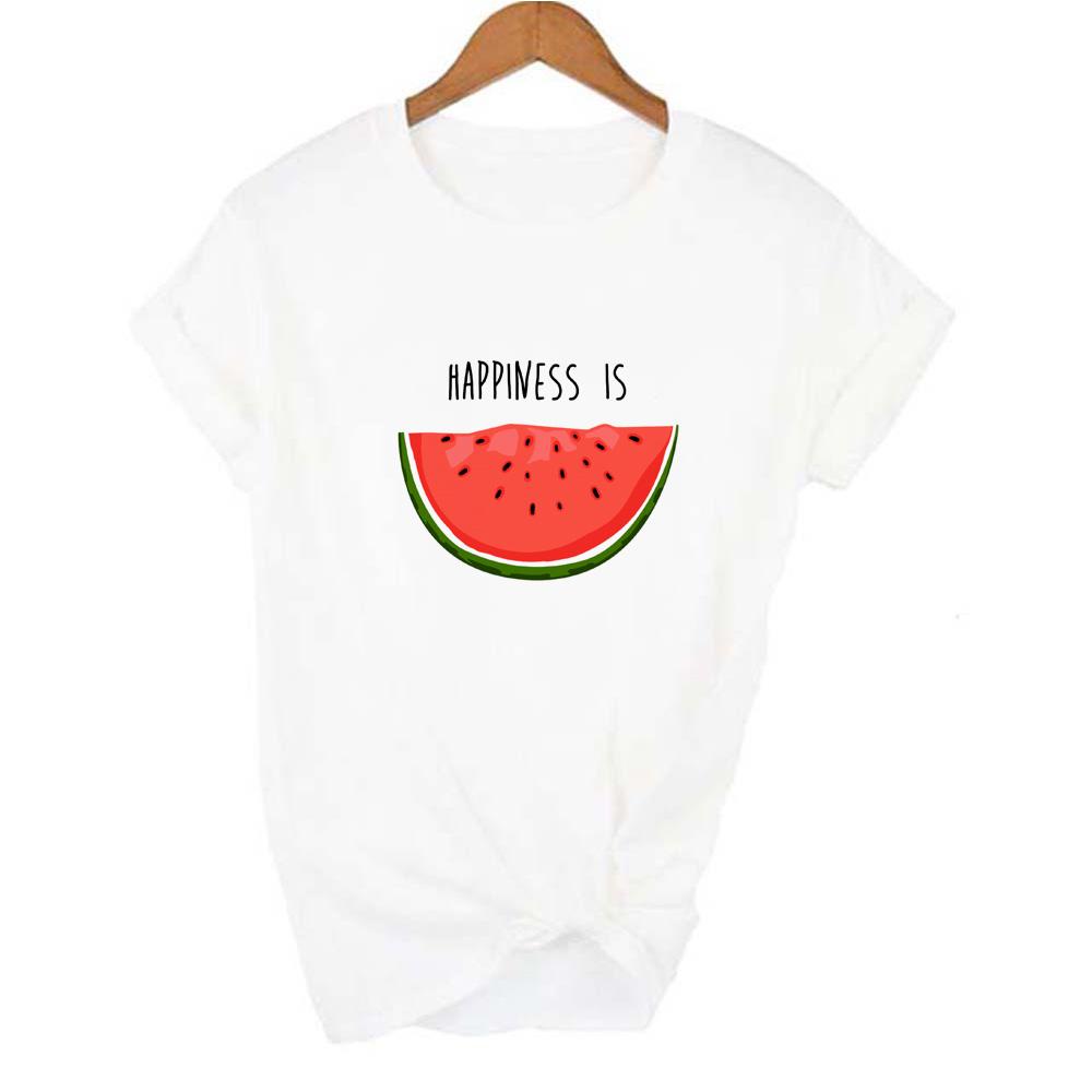 Happiness Is Watermelon Print Summer Women S T Shirt Casual Female Short Sleeve Round Neck T