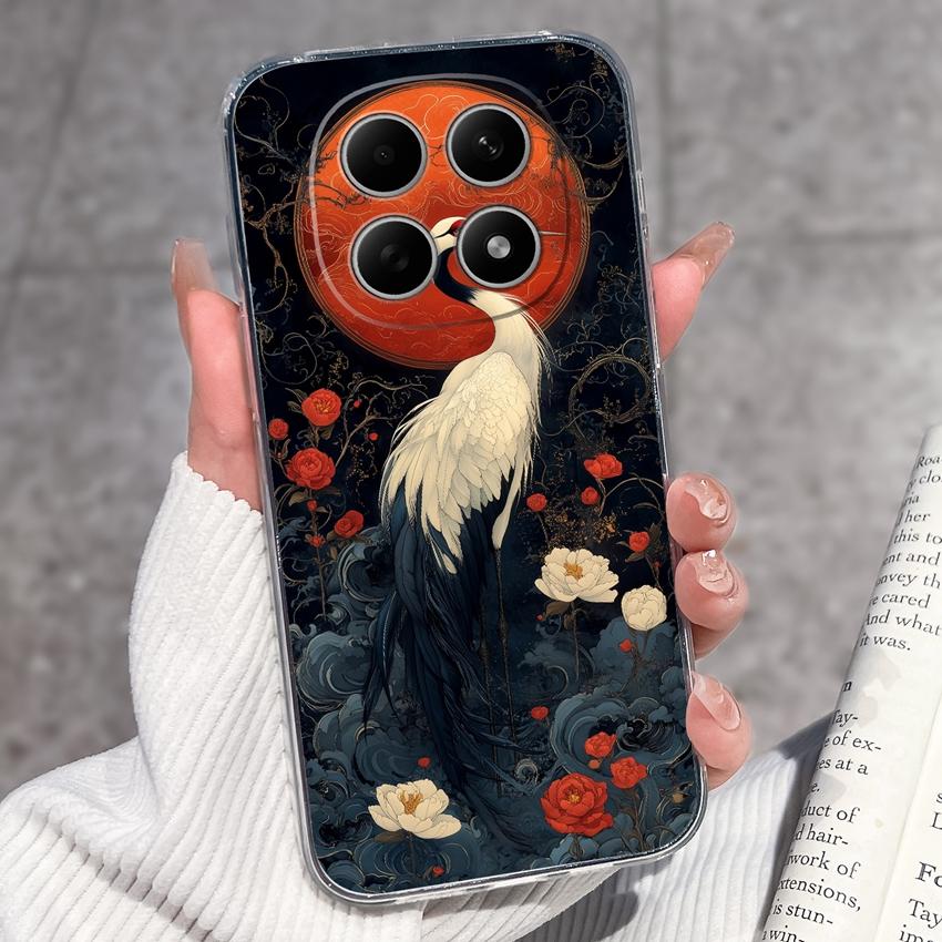 For Redmi Note 15 14 13 Pro Plus 5 5A 4 4X Phone Case Chinese Style Red-Crowned Crane Patterns Transparent TPU Shockproof Casing For Redmi Soft Covers