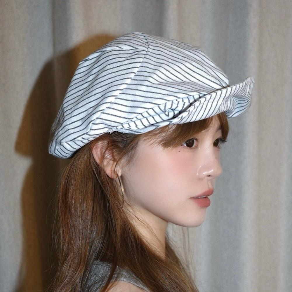 Хлопковые и льняные полосатые береты Тонкие кепки художника Повседневные восьмиугольные шляпы Ежедневные