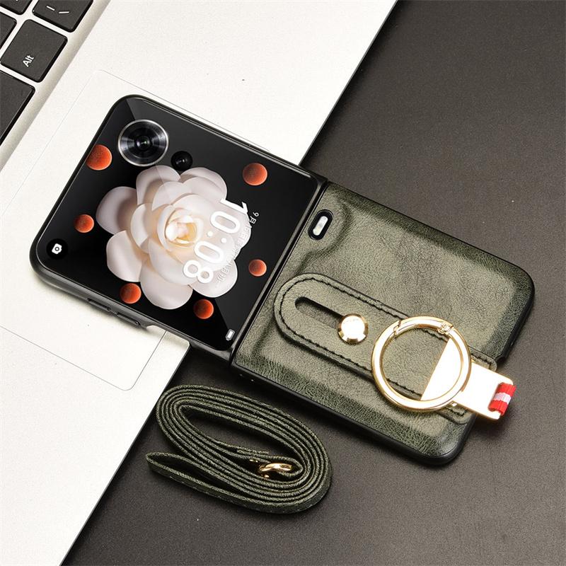 For Honor Magic V Flip Wrist Strap Ring Bracket Phone Holder Case For Honor Magic V Flip Leather style Case Drop-Resistant Cover