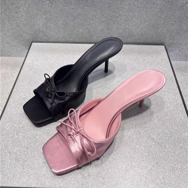 2025 Новые сандалии Женские мюли Туфли на высоком каблуке для женщин Летние с квадратным носком Открытый носок Сандалии с бантом Шлепанцы Женские