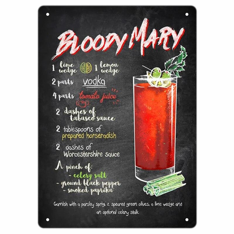 Vintage Bloody Mary Poster Tin Sign Retro Whiskey Sour Cocktail Metal Plaque Tiki Bar Pub Kitchen Home Decor