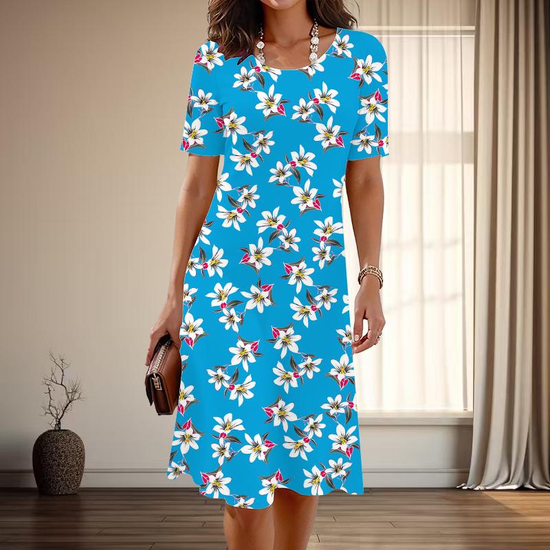 Women's Fashion Graceful Flower Print Summer Spring Short Sleeve O-Neck Casual Dresses