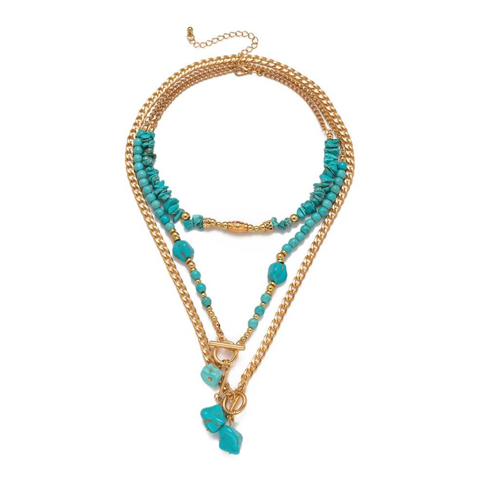 1 SET Ethnic Style Multilayer Turquoise Necklace Stacked Bohemian Style Clavicle Chain Girls