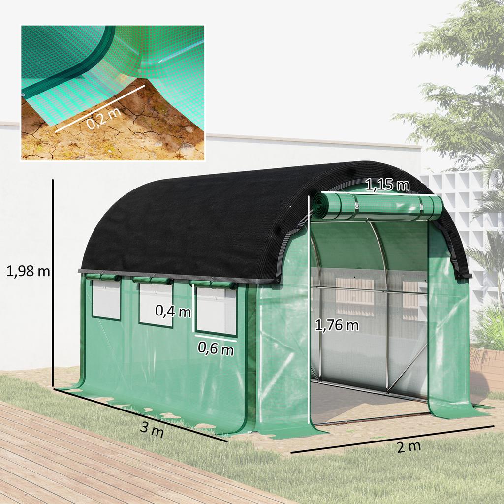 3 x 2 x 2 m Polytunnel Greenhouse with Sun Protection Net, Roll-Up Side Walls, Plastic Cover, Steel Frame, Green
