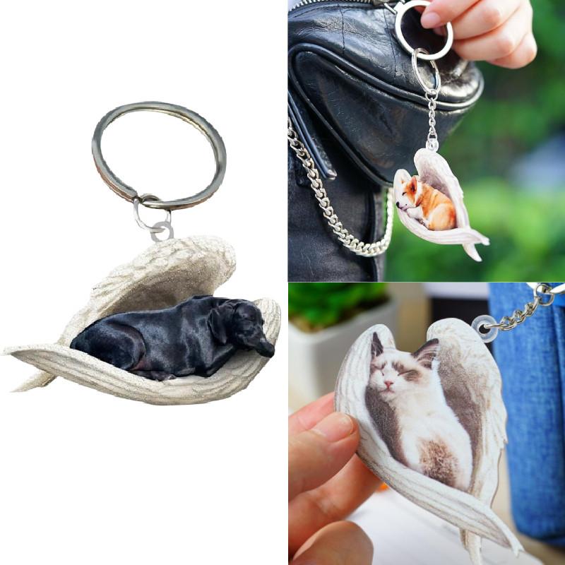 Black Hanging Labrador Ornament Keychain Cute Sleeping Angel Dog Pendant Gift