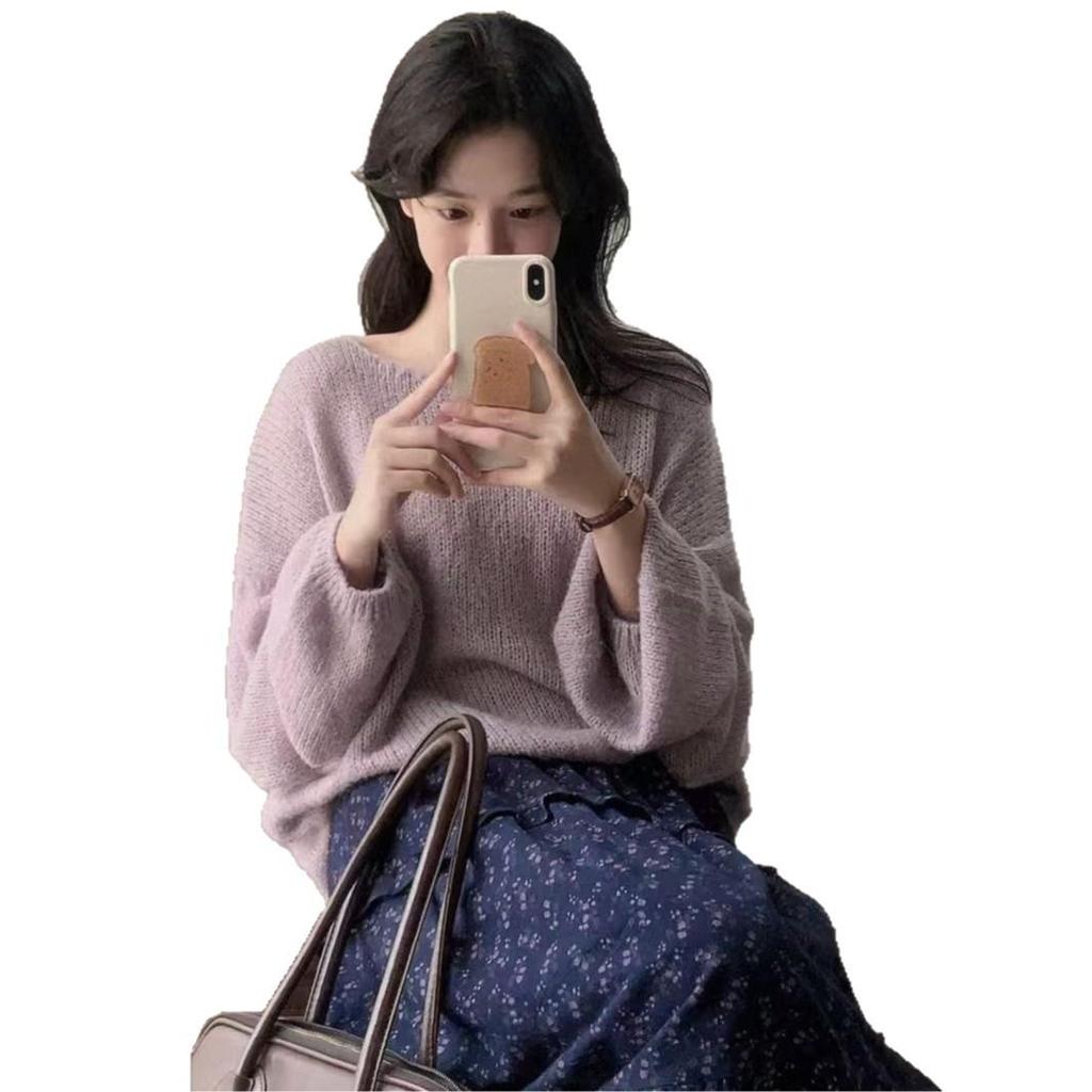 Douyin Purple Floral Elastic Waist Midi Skirt - Autumn Mori Style, High Waist, Slimming, Retro Elegance