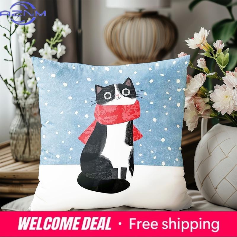 1 Pieces Black And White Cat With Red Scarf Throw Pillow Polyester Pillowcase, Sofa Decorative Cushion Cov Headboard Pillow